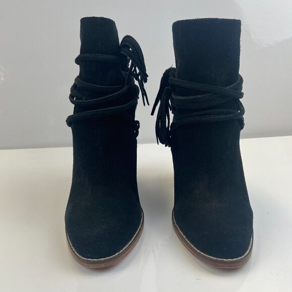 ALDO Suede Ankle Boots Stacked Heel Wrap Tassel Detail Black Women's US 8.5 NWOT - Picture 3 of 14